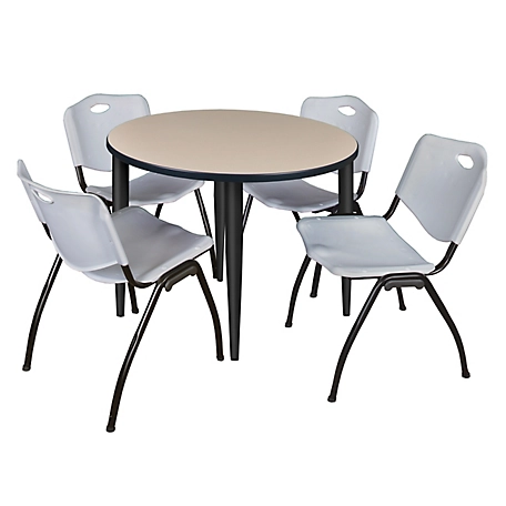 Regency Kahlo 42 in. Round Breakroom Table Top, Black Base & 4 Grey M Stack Chairs