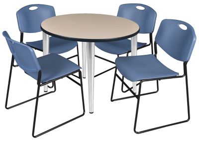 Regency Kahlo 42 in. Round Breakroom Table Top, Chrome Base & 4 Blue Zeng Stack Chairs