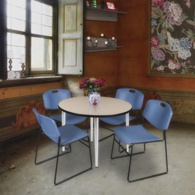 Image showing  Kahlo Round Breakroom Table with 4 Zeng Stack Chairs, 42 in., Chrome/Blue