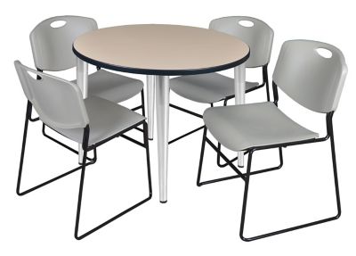 Regency Kahlo 42 in. Round Breakroom Table Top, Chrome Base & 4 Grey Zeng Stack Chairs