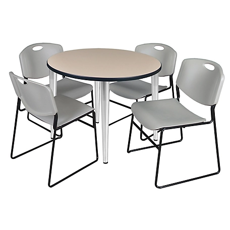 Regency Kahlo 42 in. Round Breakroom Table Top, Chrome Base & 4 Grey Zeng Stack Chairs