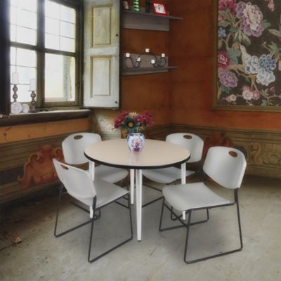 Image showing  Kahlo Round Breakroom Table with 4 Zeng Stack Chairs, 42 in., Chrome/Gray