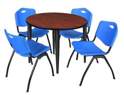 Image showing  Kahlo Round Breakroom Table with 4 M Stack Chairs, 42 in., Black/Blue
