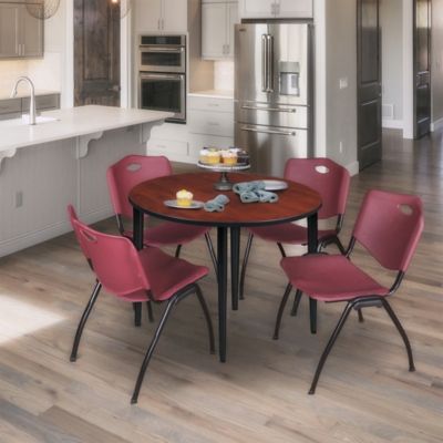 Image showing  Kahlo Round Breakroom Table with 4 M Stack Chairs, 42 in., Black/Burgundy
