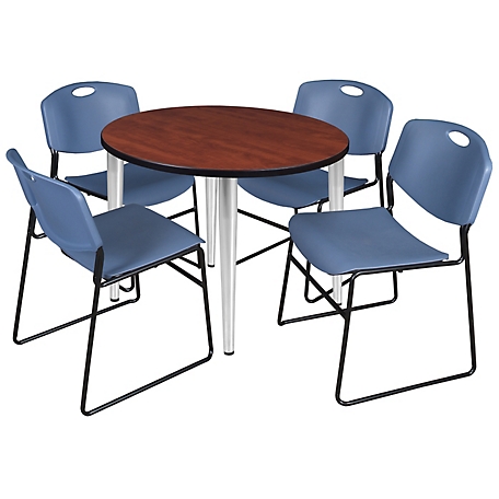 Regency Kahlo 42 in. Round Breakroom Table Top, Chrome Base & 4 Blue Zeng Stack Chairs