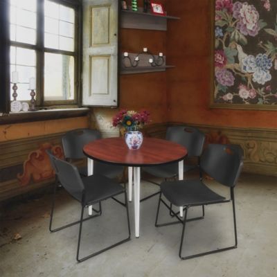 Image showing  Kahlo Round Breakroom Table with 4 Zeng Stack Chairs, 42 in., Chrome/Black