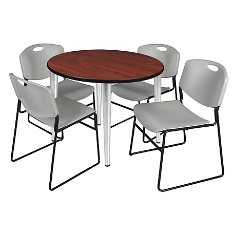 Regency Kahlo 42 in. Round Breakroom Table Top, Chrome Base & 4 Grey Zeng Stack Chairs