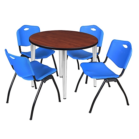 Regency Kahlo 42 in. Round Breakroom Table Top, Chrome Base & 4 Blue M Stack Chairs