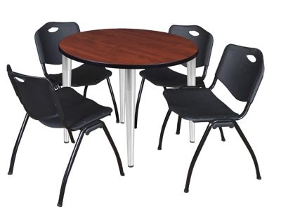 Regency Kahlo Round Breakroom Table with 4 M Stack Chairs, 42 in., Chrome/Black