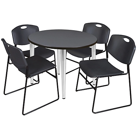 Regency Kahlo 42 in. Round Breakroom Table Top, Chrome Base & 4 Black Zeng Stack Chairs