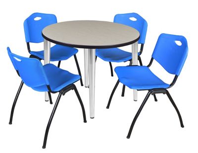Regency Kahlo Round Breakroom Table with 4 M Stack Chairs, 42 in., Chrome/Blue