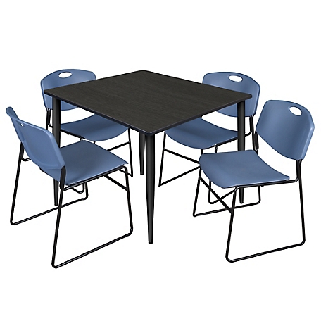 Regency Kahlo 48 in. Square Breakroom Table Top, Black Base & 4 Blue Zeng Stack Chairs