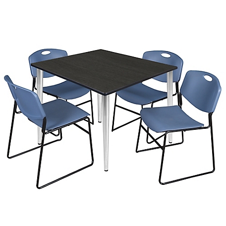 Regency Kahlo 48 in. Square Breakroom Table Top, Chrome Base & 4 Blue Zeng Stack Chairs