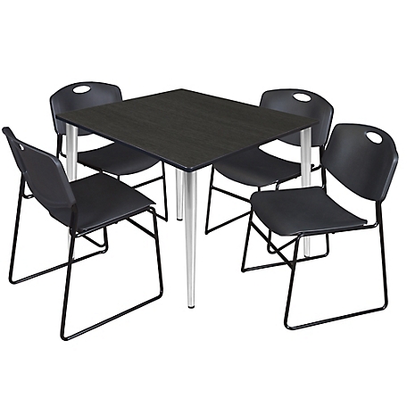 Regency Kahlo 48 in. Square Breakroom Table Top, Chrome Base & 4 Black Zeng Stack Chairs
