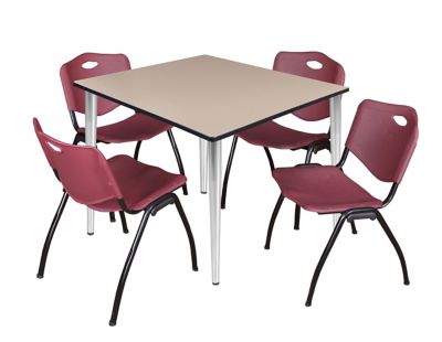 Regency Kahlo Square Breakroom Table with 4 M Stack Chairs, 48 in., Chrome/Burgundy