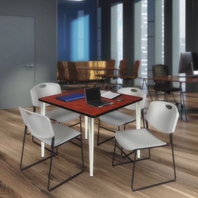Image showing  Kahlo Square Breakroom Table with 4 Zeng Stack Chairs, 48 in., Chrome/Gray