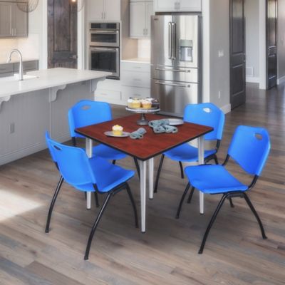 Image showing  Kahlo Square Breakroom Table with 4 M Stack Chairs, 48 in., Chrome/Blue