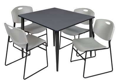 Regency Kahlo 48 in. Square Breakroom Table Top, Black Base & 4 Grey Zeng Stack Chairs