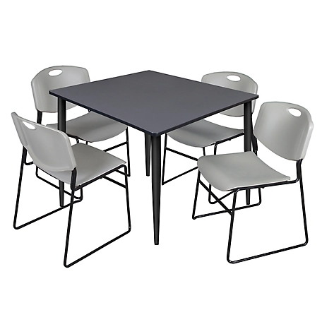 Regency Kahlo 48 in. Square Breakroom Table Top, Black Base & 4 Grey Zeng Stack Chairs