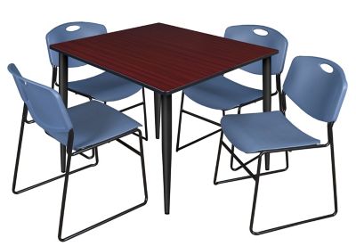 Regency Kahlo 48 in. Square Breakroom Table Top, Black Base & 4 Blue Zeng Stack Chairs