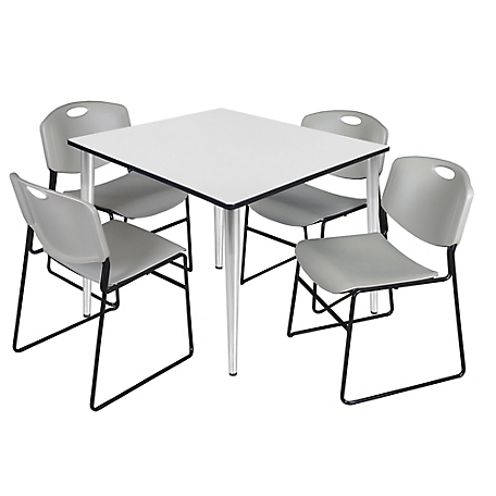 Regency Kahlo 48 in. Square Breakroom Table Top, Chrome Base & 4 Grey Zeng Stack Chairs