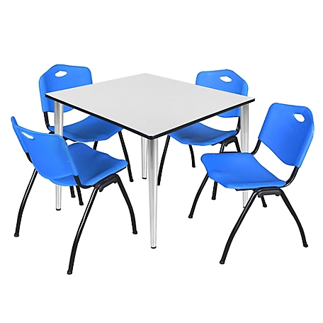 Regency Kahlo 48 in. Square Breakroom Table Top, Chrome Base & 4 Blue M Stack Chairs