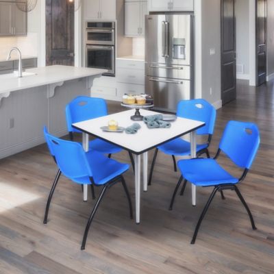 Image showing  Kahlo Square Breakroom Table with 4 M Stack Chairs, 48 in., Chrome/Blue