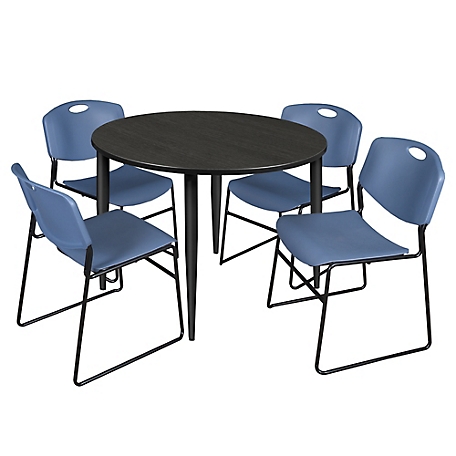 Regency Kahlo 48 in. Round Breakroom Table Top, Black Base & 4 Blue Zeng Stack Chairs