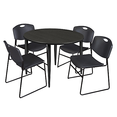 Regency Kahlo 48 in. Round Breakroom Table Top, Black Base & 4 Black Zeng Stack Chairs