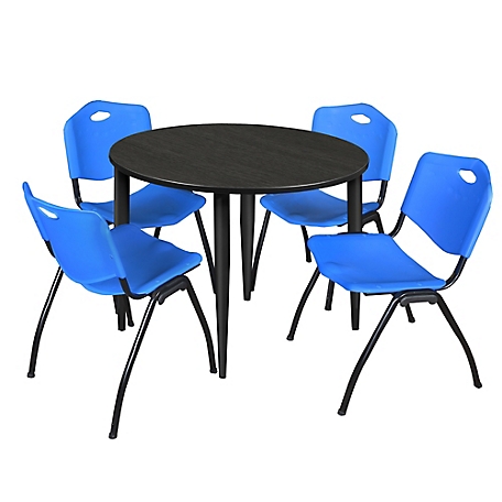 Regency Kahlo 48 in. Round Breakroom Table Top, Black Base & 4 Blue M Stack Chairs