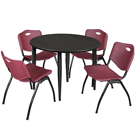 Regency Kahlo 48 in. Round Breakroom Table Top, Black Base & 4 Burgundy M Stack Chairs