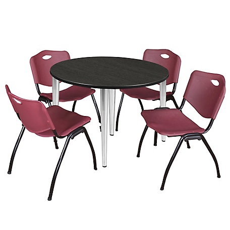 Regency Kahlo 48 in. Round Breakroom Table Top, Chrome Base & 4 Burgundy M Stack Chairs