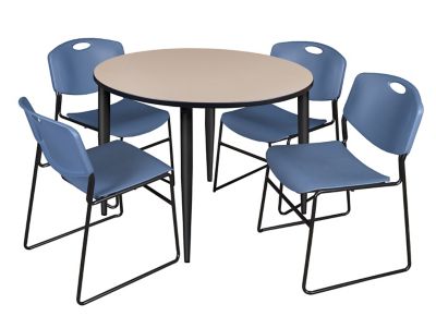 Regency Kahlo 48 in. Round Breakroom Table Top, Black Base & 4 Blue Zeng Stack Chairs