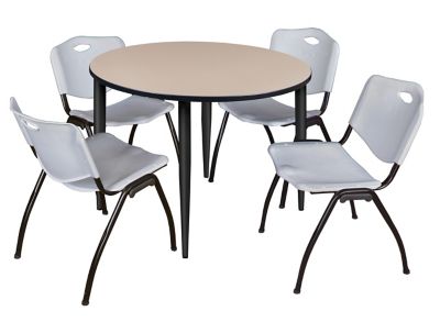 Regency Kahlo 48 in. Round Breakroom Table Top, Black Base & 4 Grey M Stack Chairs