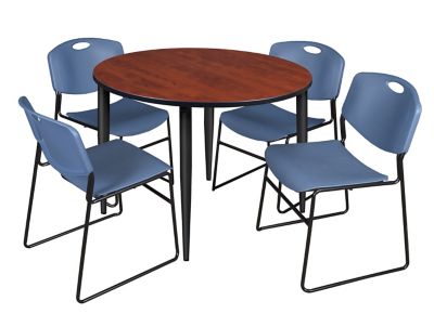 Image showing  Kahlo Round Breakroom Table with 4 Zeng Stack Chairs, 48 in., Black/Blue
