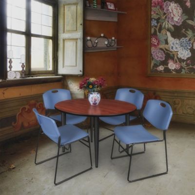 Image showing  Kahlo Round Breakroom Table with 4 Zeng Stack Chairs, 48 in., Black/Blue