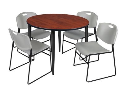 Regency Kahlo Round Breakroom Table with 4 Zeng Stack Chairs, 48 in., Black/Gray