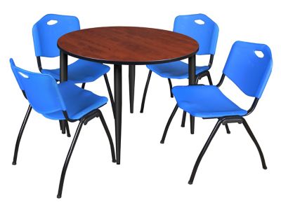 Image showing  Kahlo Round Breakroom Table with 4 M Stack Chairs, 48 in., Black/Blue