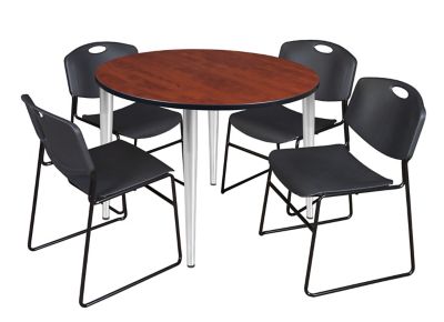 Regency Kahlo Round Breakroom Table with 4 Zeng Stack Chairs, 48 in., Chrome/Black