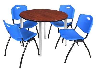 Regency Kahlo Round Breakroom Table with 4 M Stack Chairs, 48 in., Chrome/Blue