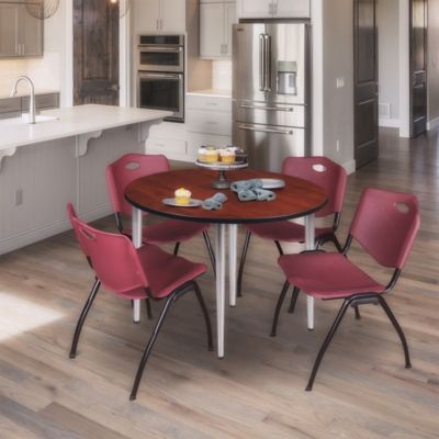 Image showing  Kahlo Round Breakroom Table with 4 M Stack Chairs, 48 in., Chrome/Burgundy