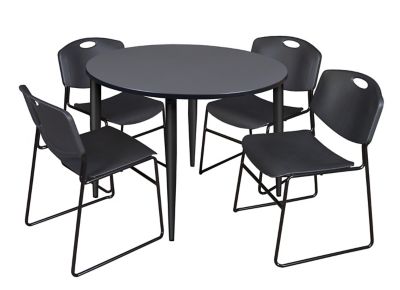 Regency Kahlo Round Breakroom Table with 4 Zeng Stack Chairs, 48 in., Black/Black