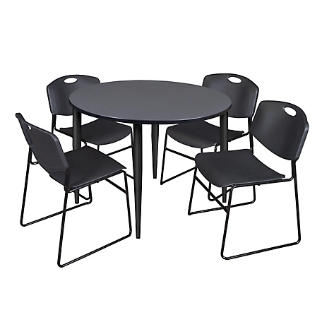 Regency Kahlo 48 in. Round Breakroom Table Top, Black Base & 4 Black Zeng Stack Chairs