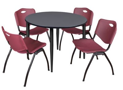 Regency Kahlo Round Breakroom Table with 4 M Stack Chairs, 48 in., Black/Burgundy
