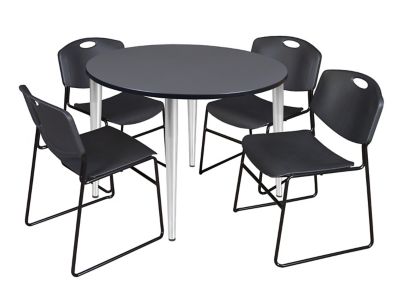 Regency Kahlo 48 in. Round Breakroom Table Top, Chrome Base & 4 Black Zeng Stack Chairs