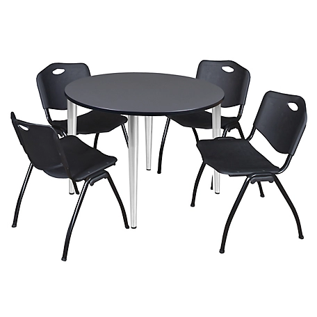 Regency Kahlo 48 in. Round Breakroom Table Top, Chrome Base & 4 Black M Stack Chairs