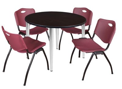 Regency Kahlo Round Breakroom Table with 4 M Stack Chairs, 48 in., Chrome/Burgundy