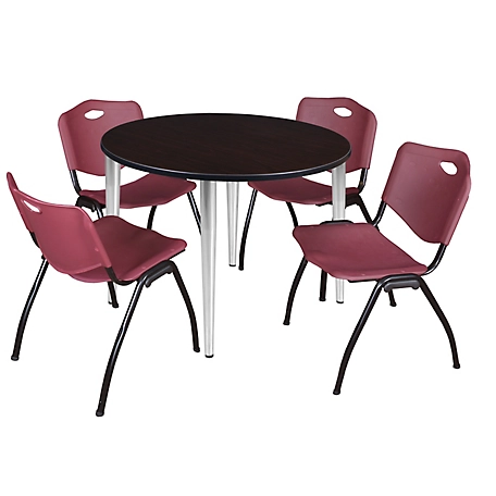 Regency Kahlo 48 in. Round Breakroom Table Top, Chrome Base & 4 Burgundy M Stack Chairs