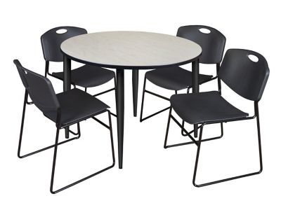 Regency Kahlo Round Breakroom Table with 4 Zeng Stack Chairs, 48 in., Black/Black