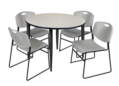 Regency Kahlo 48 in. Round Breakroom Table Top, Black Base & 4 Grey Zeng Stack Chairs